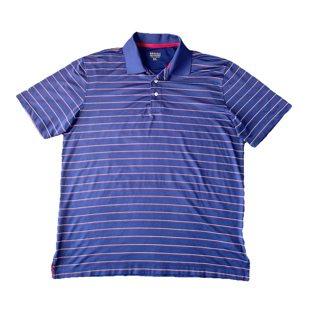 Brooks Brothers Men's XL Blue Red Stripe Polo Shirt Polyester Short Sleeve